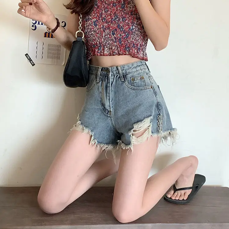 

New summer jeans shorts with holes and rough edges for women's high waist and big size, mm loose and thin, wearing A-line short
