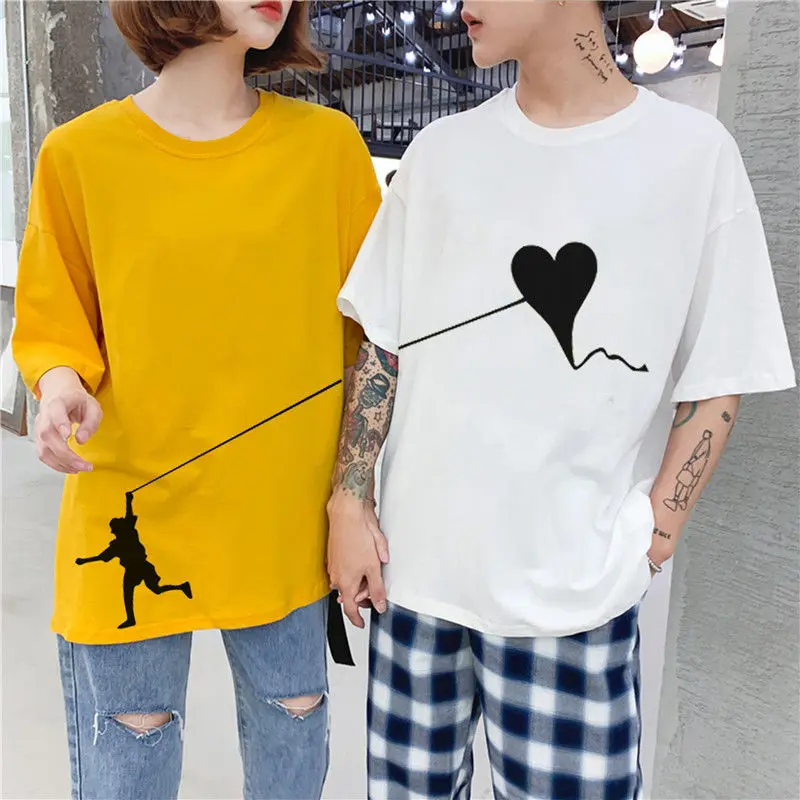 

2021 New Couples Women's T-shirt Summer T-shirt Loose Korean Oversize Short Sleeves O-Neck Casual Cotton Streetwear Women Top