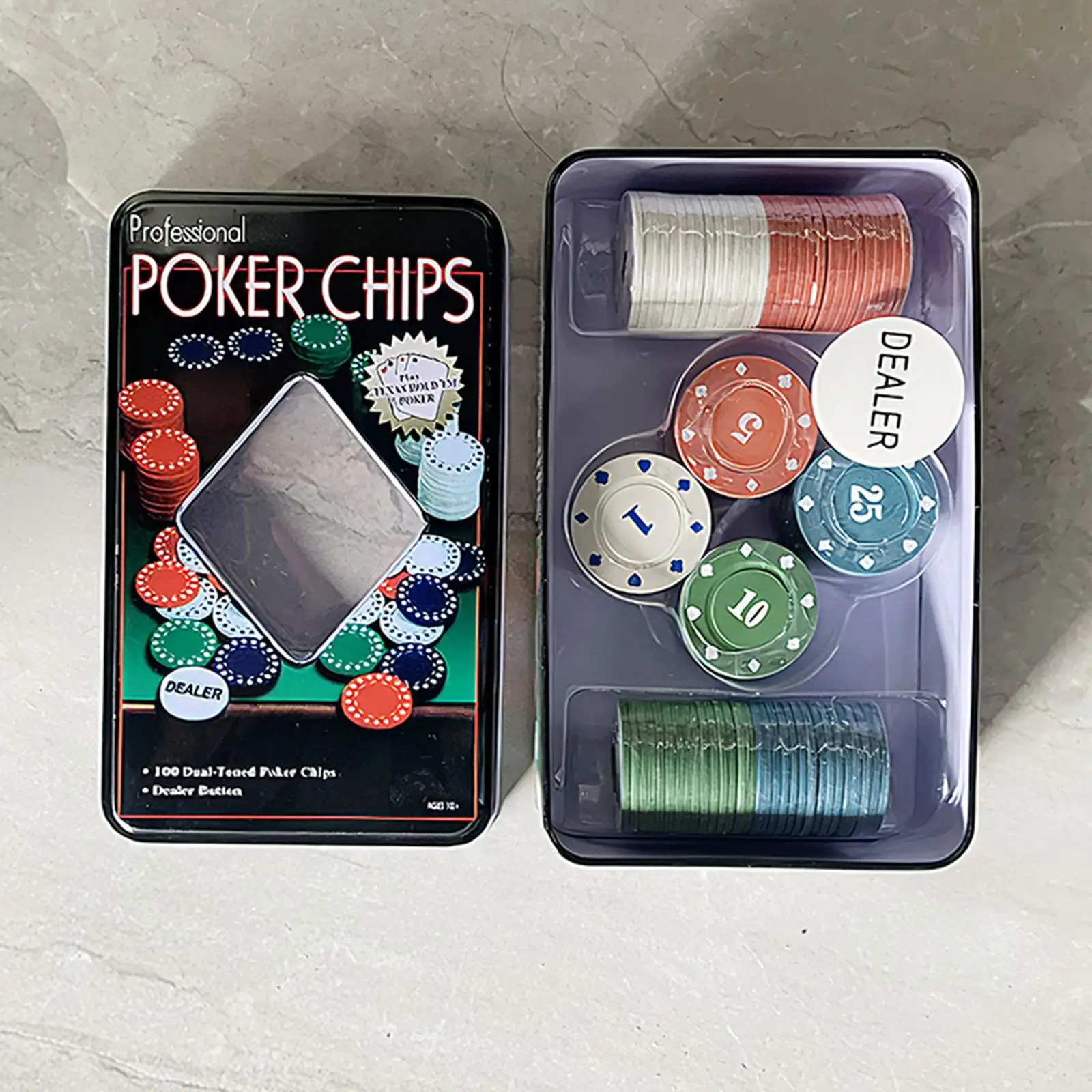 

100Pcs Classic Poker Chip Set Professional Casino Poker Chips Set Poker Jetton Counter Tokens with 4 Colors and Dealer Buttons
