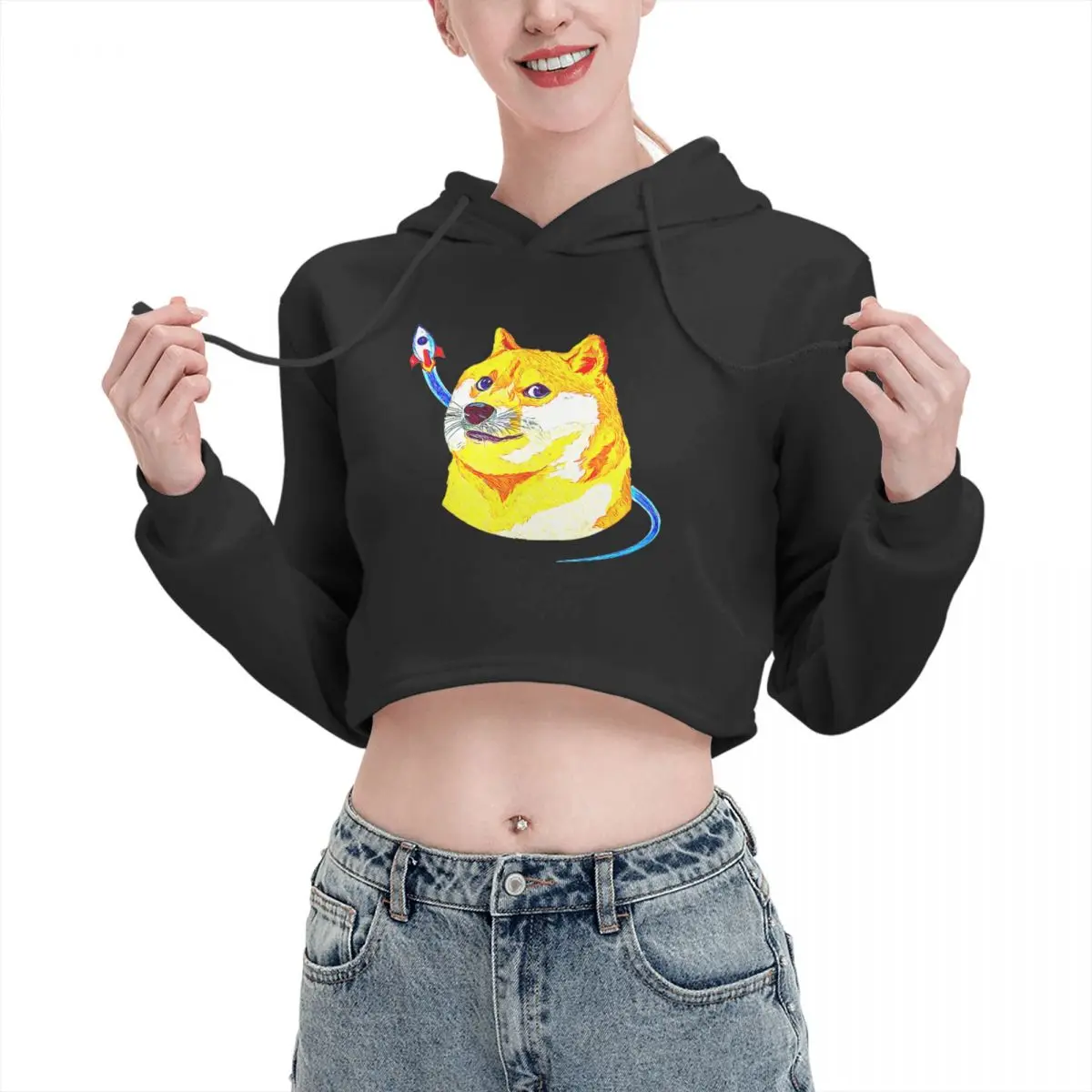 

Open navel Cat Ear Hoodie Sweater Dogecoin To The Moon (6) Hooded rope Humor Graphic cute Print R376 Hoodie