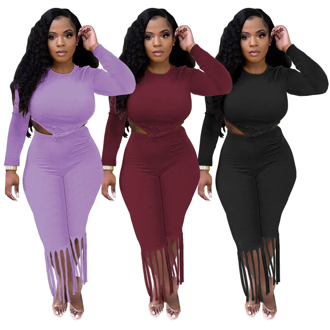 

Echoine Autumn Long Sleeve Tshirt Tassel Pants Set 2 Piece Set Tracksuit lounge wear Fringe Party Club Outfit For Woman Clothing