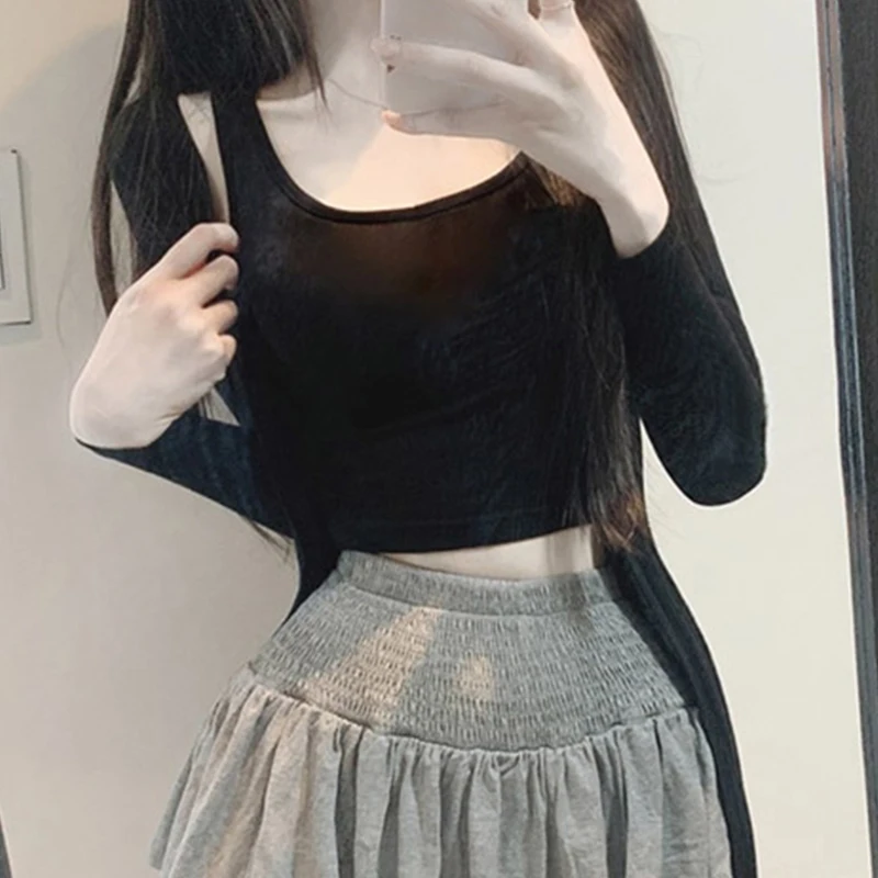 

2021 Two Pieces Set Vest Cardigan T-Shirt Autumn Women Female T Shirt Tee Ladies Tops Solid Cotton Sexy Slim Spring Skinny Tops