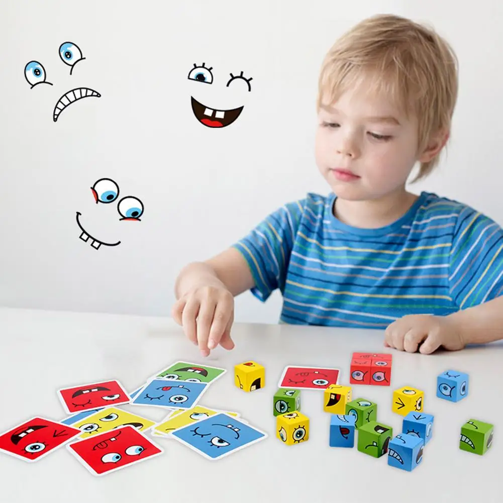 

Wooden Expressions Matching Block Puzzles Kids Face Changing Building Cubes Toy Board Games Educational Montessori Toys Gift F