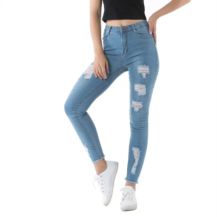 Повседневные узкие джинсы в стиле ретро с завышенной талией однотонные рваные