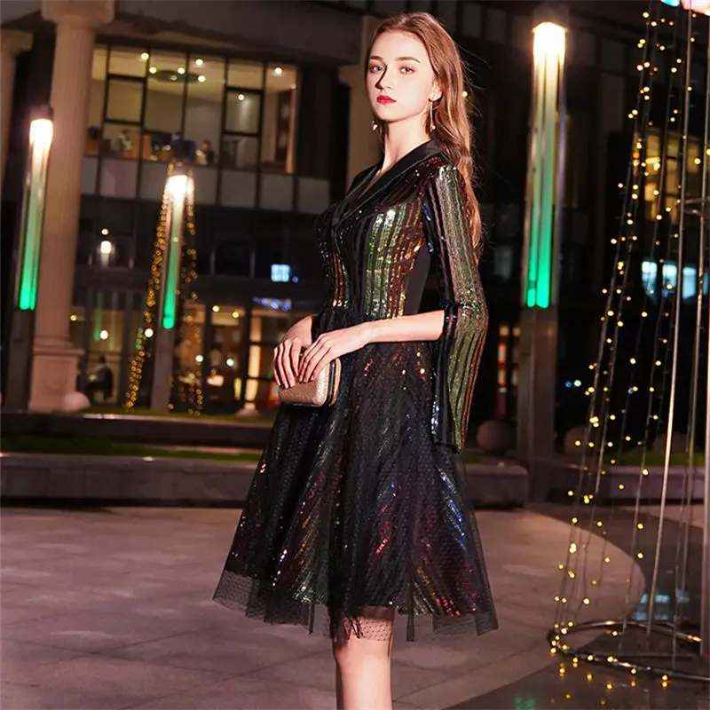 It's Yiiya Cocktail Dress 2019 V-Neck Three-Quarter Woman Robe Dresses Plus Size Sequin Knee-Length Gowns E804 | Свадьбы и