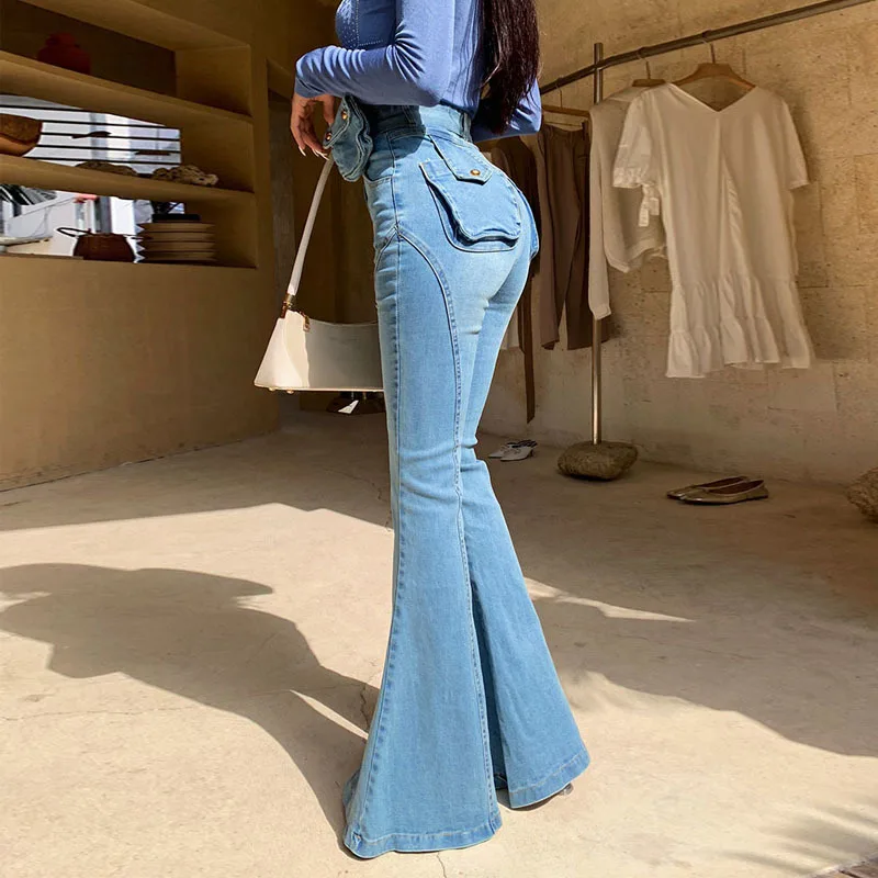 

2020 Sexy Womens Elasticity Blue Vintage High Waist Spliced Slim Bow Blet Bag Flare Pants Girl Female Jeans Denim E140
