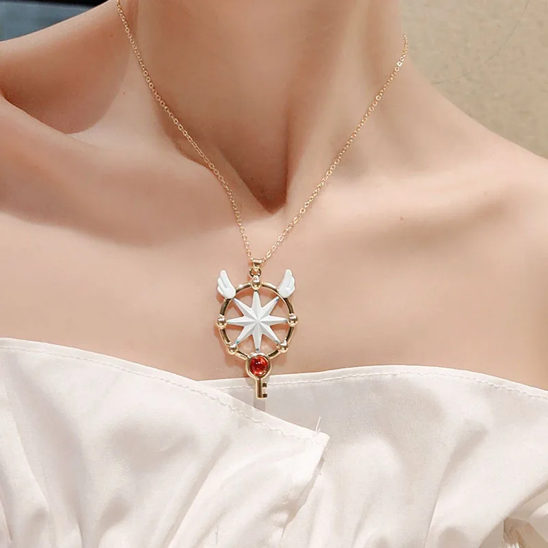 

Fashion Cartoon Girl Cherry Blossom Eight-pointed Star Key Necklace Five-pointed Star Snake Bone Chain Necklace Travel Souvenir
