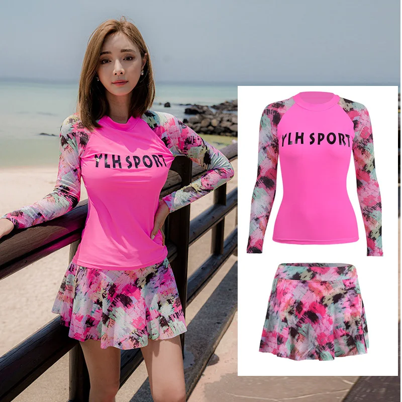 

Women's Two Piece Swimdress Rash Guards Long Sleeve Shirt with Skirt Swimsuits Pink Printed Bathing Suits Sun UV Protection