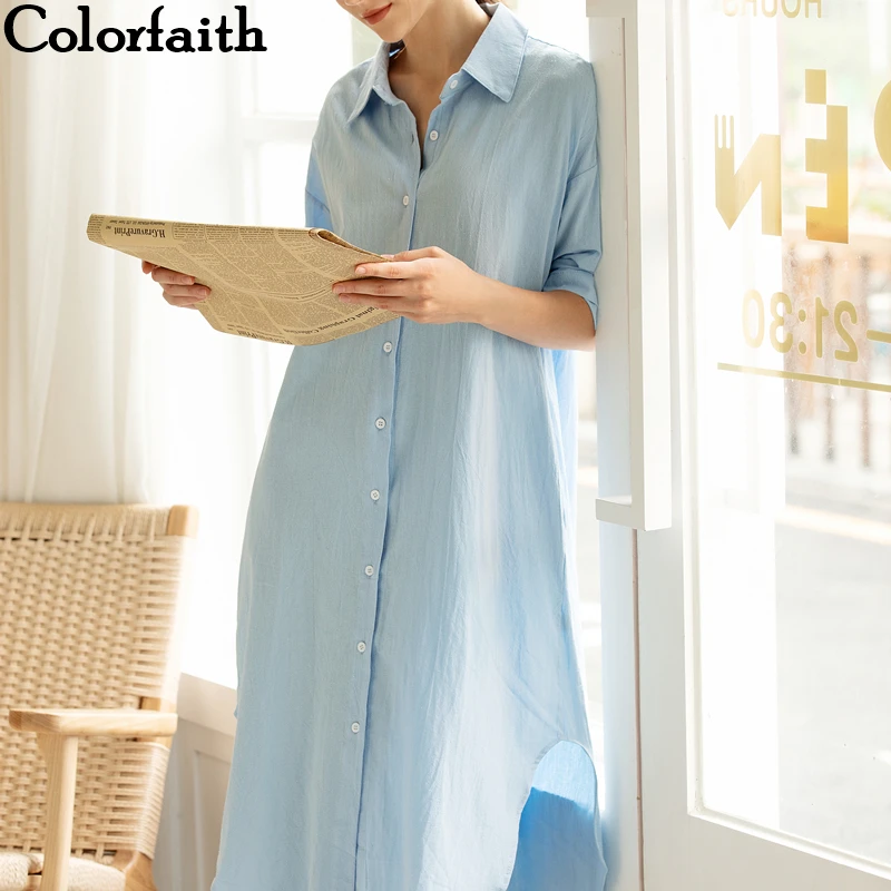 

Colorfaith New 2022 High Waist Shirt Dresses Women Dress Spring Summer Oversized Korean Fashion Chic Elegant Long Dresses DR8821