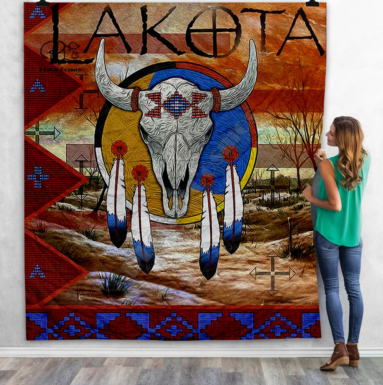 

Black Native Indian Lakota Skull buffalo soldier 3D Quilt Blanket Adult Bedding Throw Soft Warm Blanket With Cotton Quilt-3