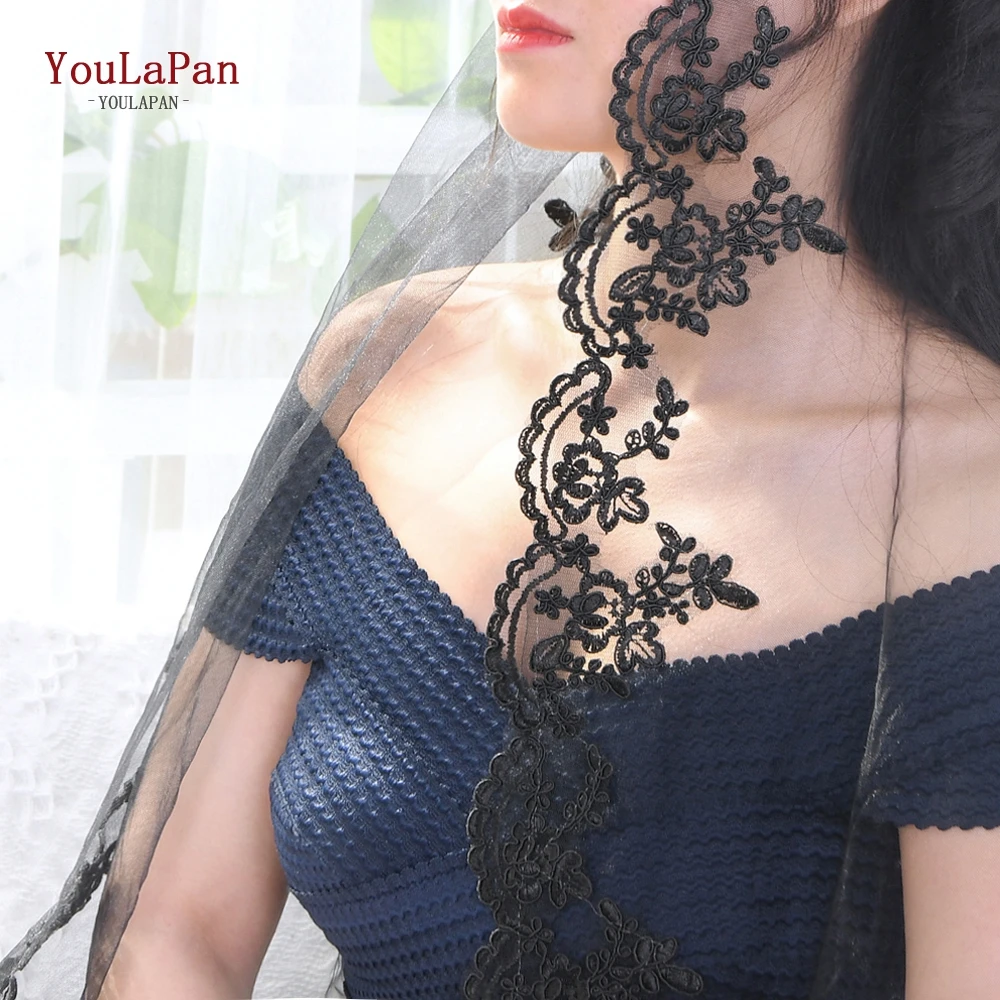 

YouLaPan V65 Black Tulle Lace Applique Edge Wedding Veil One-Layer Women Girl Embroidery Floral Veil Halloween Cosplay Party