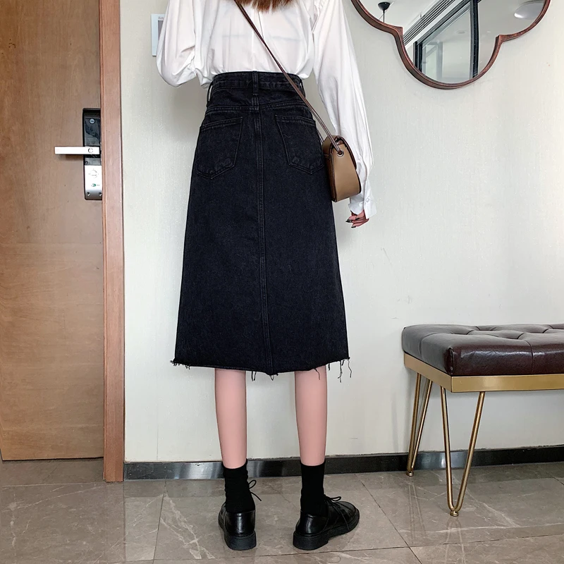 

Retro Irregular Black Skirt High Waist Denim Skirt Women's New Korean-Style All-match Slim A- line Skirt