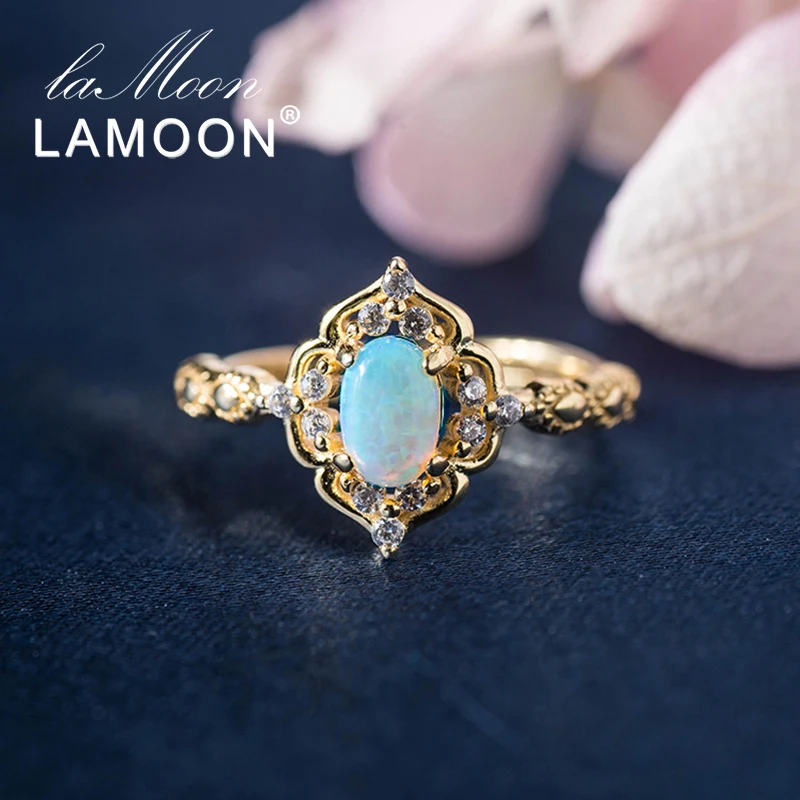 LAMOON 925 Sterling Silver Blue Fire Oval Opal Ring 14K Gold Plated Classic Engagement Rings Fine Jewelry for Women Gift LMRI132 | Украшения