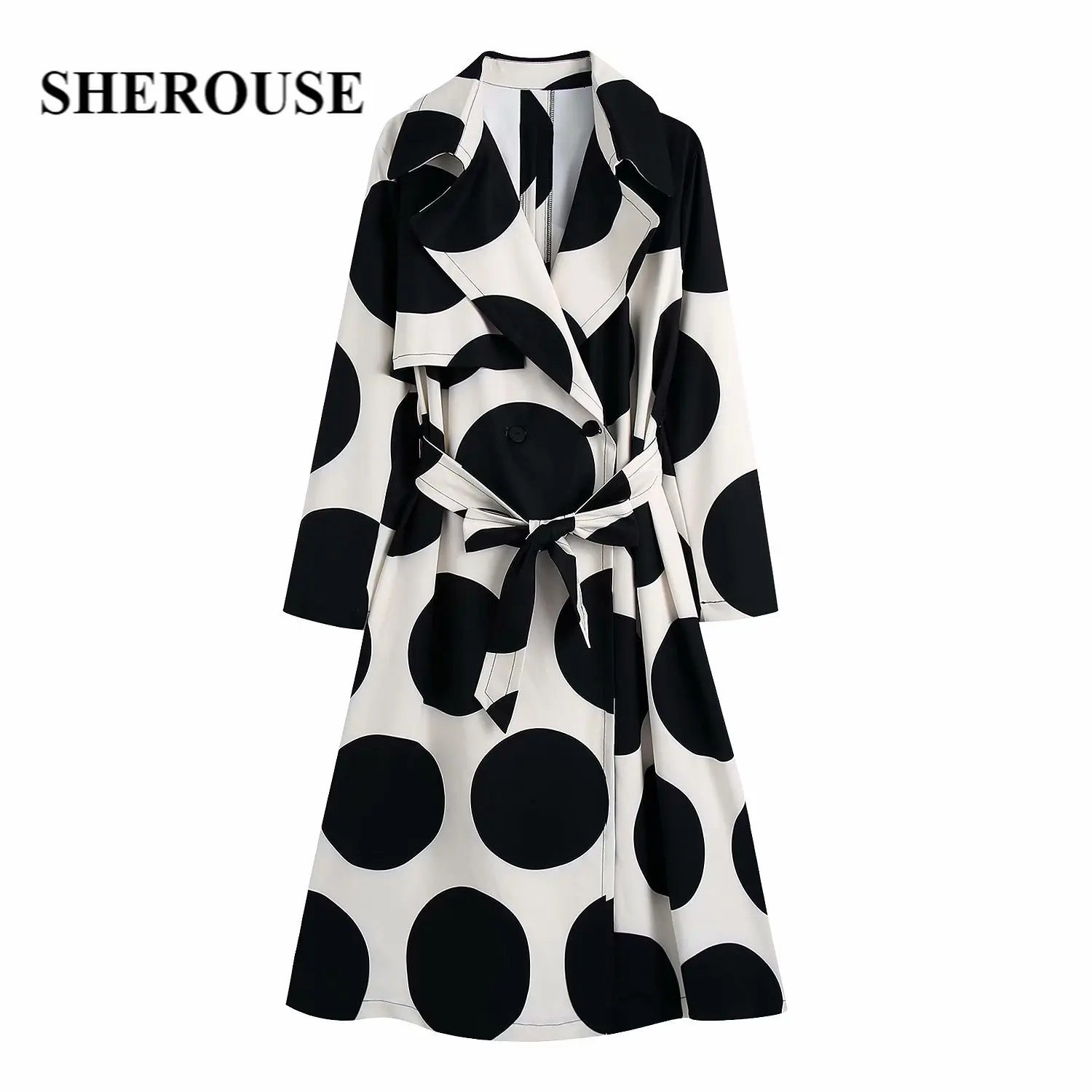 

SHEROUSE Fashion Polka Dot Long Trench Coat Women Long Sleeves Windbreaker Casual Woman Oversized Coats Outfit