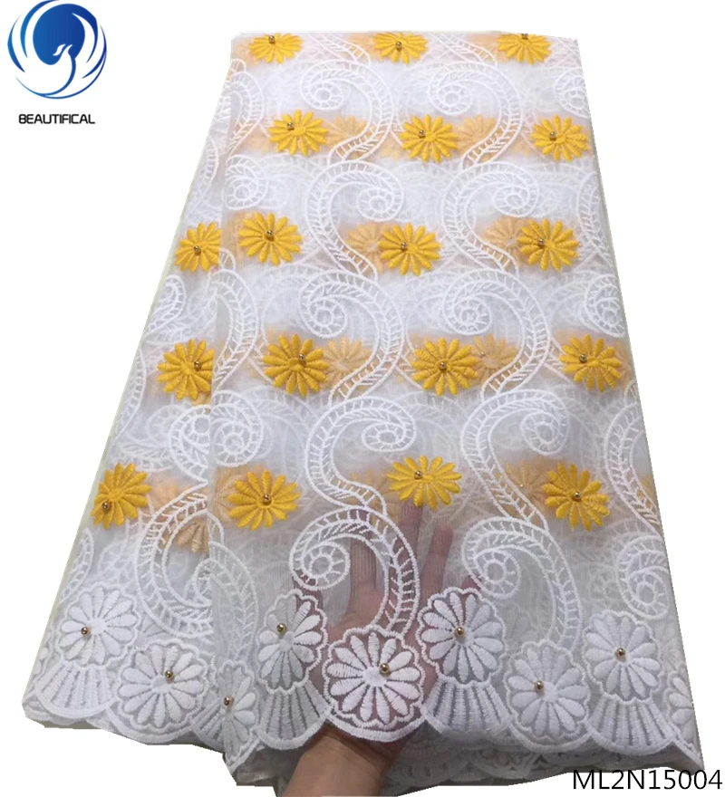 Красивая сетчатая кружевная ткань французская Тюлевая с бусинами белая