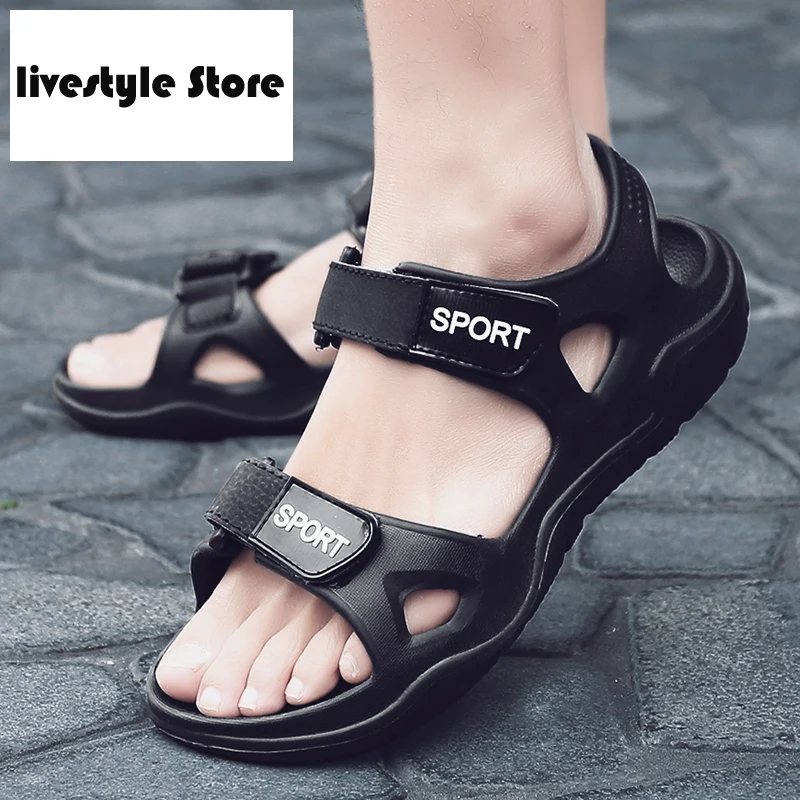 

2021 New Black Casual Men's Beach Solid Hook Hollow Casual Breathable Flat Sandals Men's Comfortable Lightweight Sandals