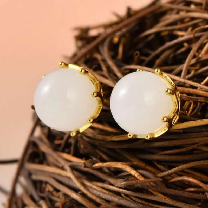 

Natural Hetian Jade Round Ball Earrings S925 Silver Stud Earrings