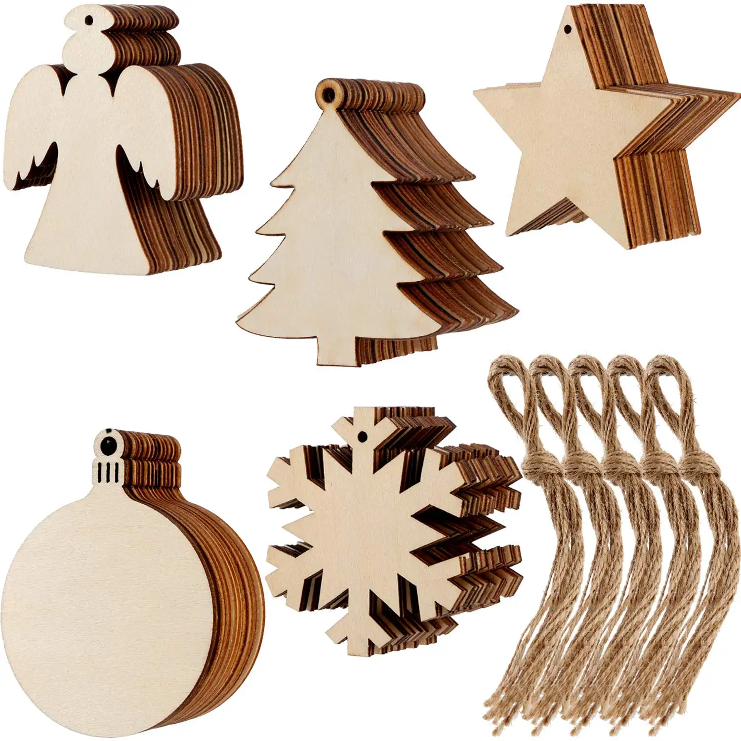 

10pcs Christmas Wooden Ornaments Round Wood Slices Wood Snowflake Angel Star Shape Christmas Tree Hanging Embellishments