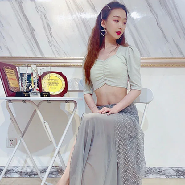 

Belly dance clothes professional women sexy tops + skirt 2pcs shiny mesh skirt oriental dance practice clothes suit