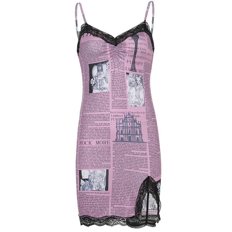 

Fashion new sexy careful machine dress newspaper printing slim high waist lace splicing sling skirt