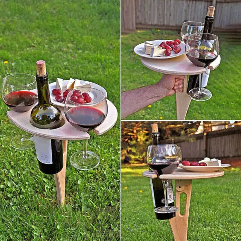 

Outdoor Wine Table Portable Picnic Table Wine Glass Racks Foldable Round Desktop Wooden Picnic Table Garden Collapsible Table