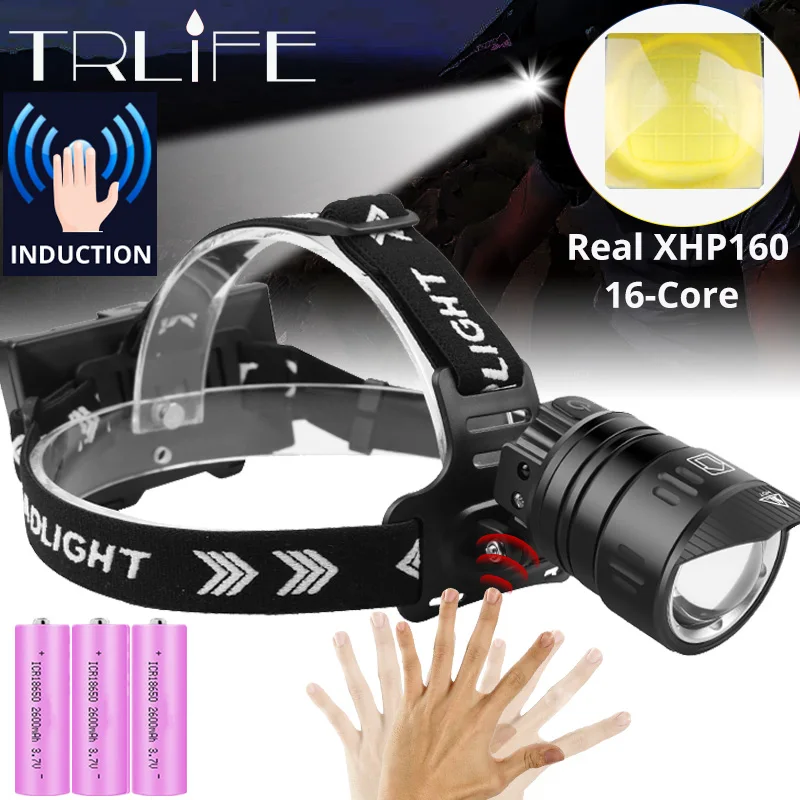

7800mah Real XHP160-16Core Powerful LED Headlamp with IR Sensor USB Rechargeable Hunting head lamp Camping Flashlight head light