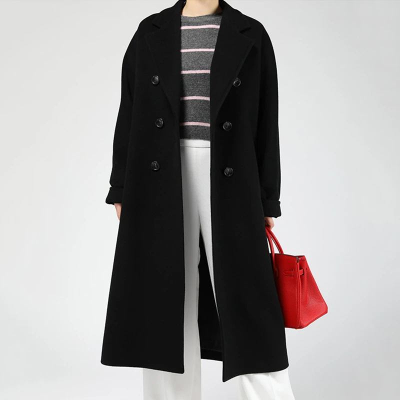 

2021 Autumn Women Coat Solid Color Double Breasted Mid-Length With Belt Overcoat Winter Loose Casual Plus Size Female Outwear