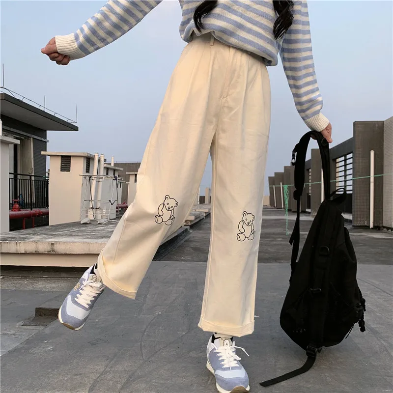 

2021 Japanese Kawaii Women Harajuku Korean Teen Girls Loose Thin Bear Embroidery Pants Wild Casual Female Cute Small Fresh Pant
