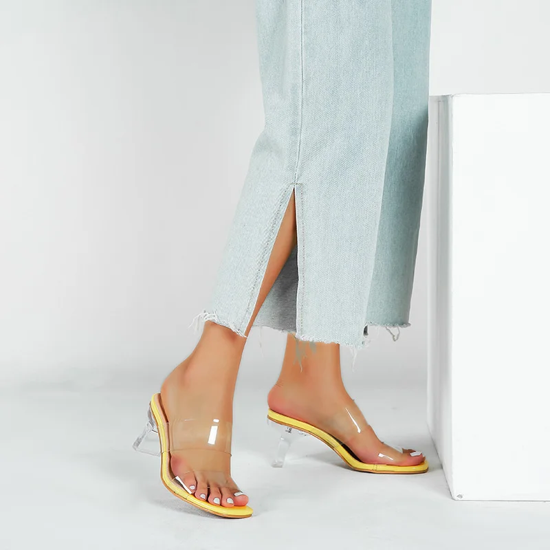 

Over Size 36-43 Strange High Transparent Heels Elegant Sandals Women Double Clear Band Gladiator Sandalias Square Toe Flip Flops