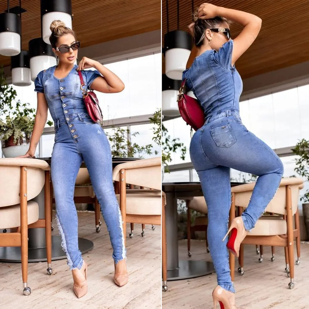 Джинсовый комбинезон больших размеров, Повседневный, Сексуальный женский  облегающий прямой джинсовый комбинезон с коротким рукавом | AliExpress