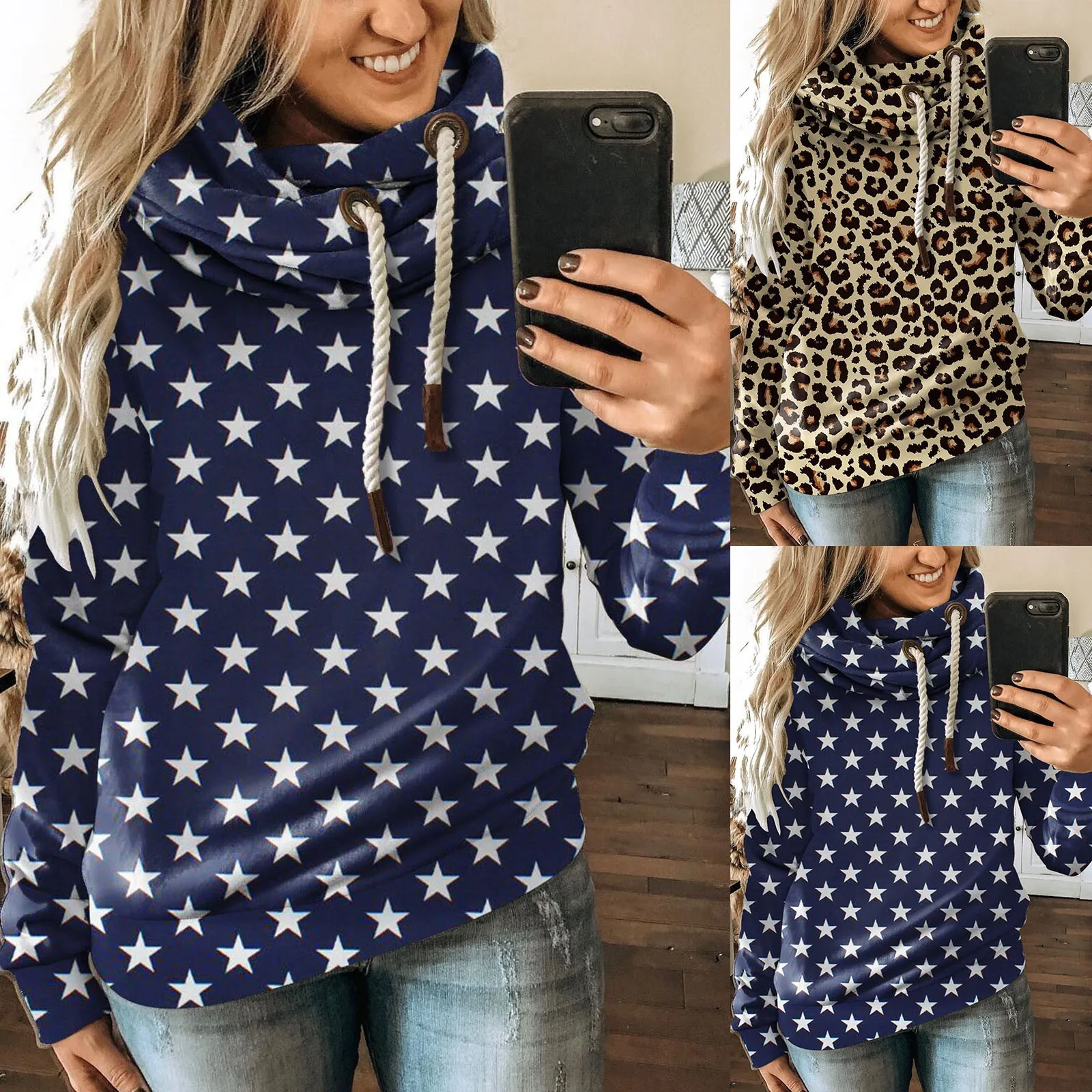 Women Autumn Winter Casual Sport Star Leopard Prints Hoodie Sweatshirt Pullover Las Mujeres Sweetshirts Спортивный Костюм Женск
