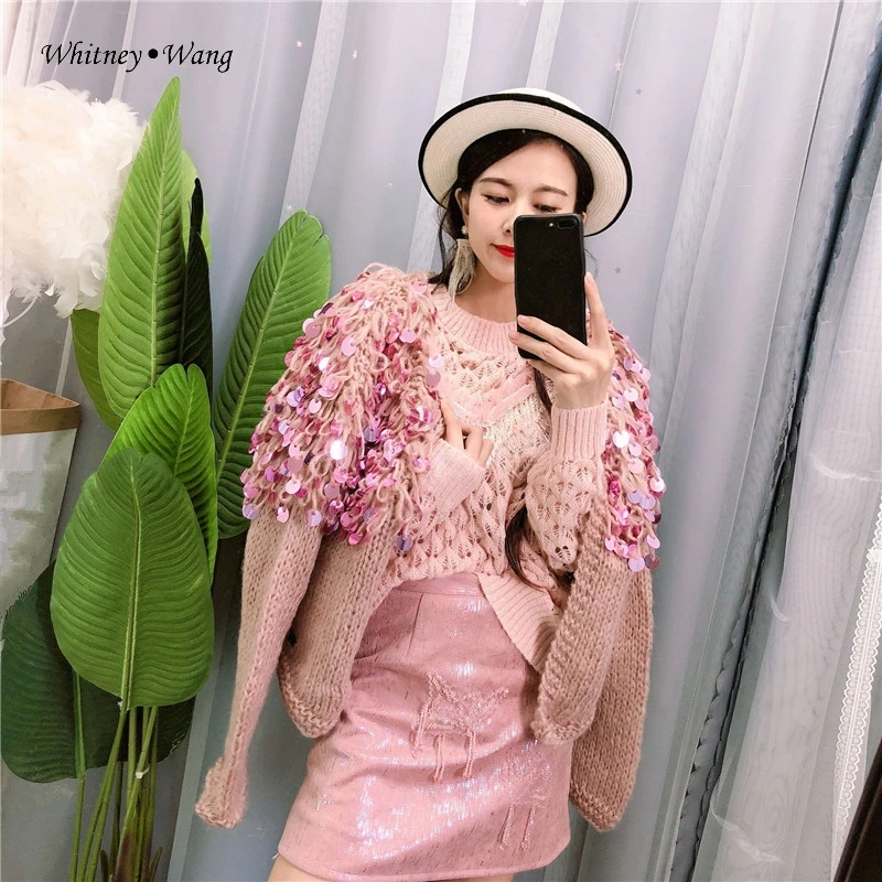 WHITNEY WANG 2019 Autumn Winter Fashion Streetwear Curly Sequins Cardigan Women Sweater Jumper sueter mujer invierno |