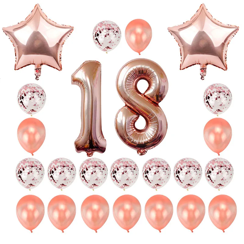 24pcs rose gold 18 день рождения 38 шт. розовое золото номер 18 фольги Воздушные шары Набор 18 день рождения украшения для взрослых розовый синий Шары поставки - Цвет: 24pcs rose gold