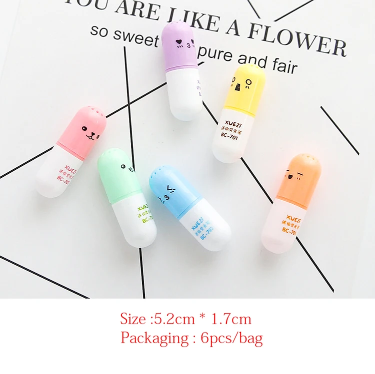 

6 Pcs/lot Capsules Highlighter Vitamin Pill Highlight Marker Color Pens Stationery Office School Supplies