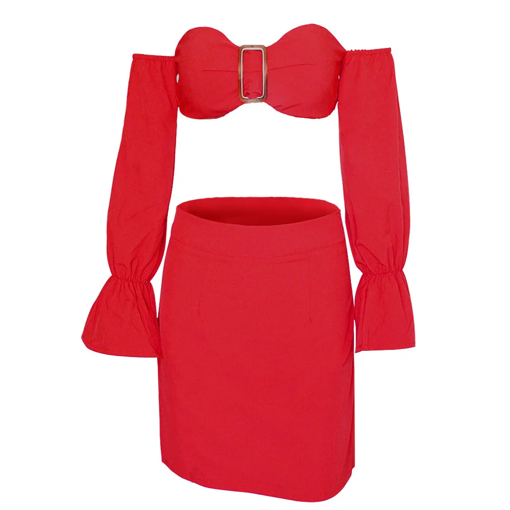 

Paris Girl Crop Top Strapless Long Sleeve Solid Color Suit Summer Vacation Bag Hip Skirt with Chest Pad Two Piece Set