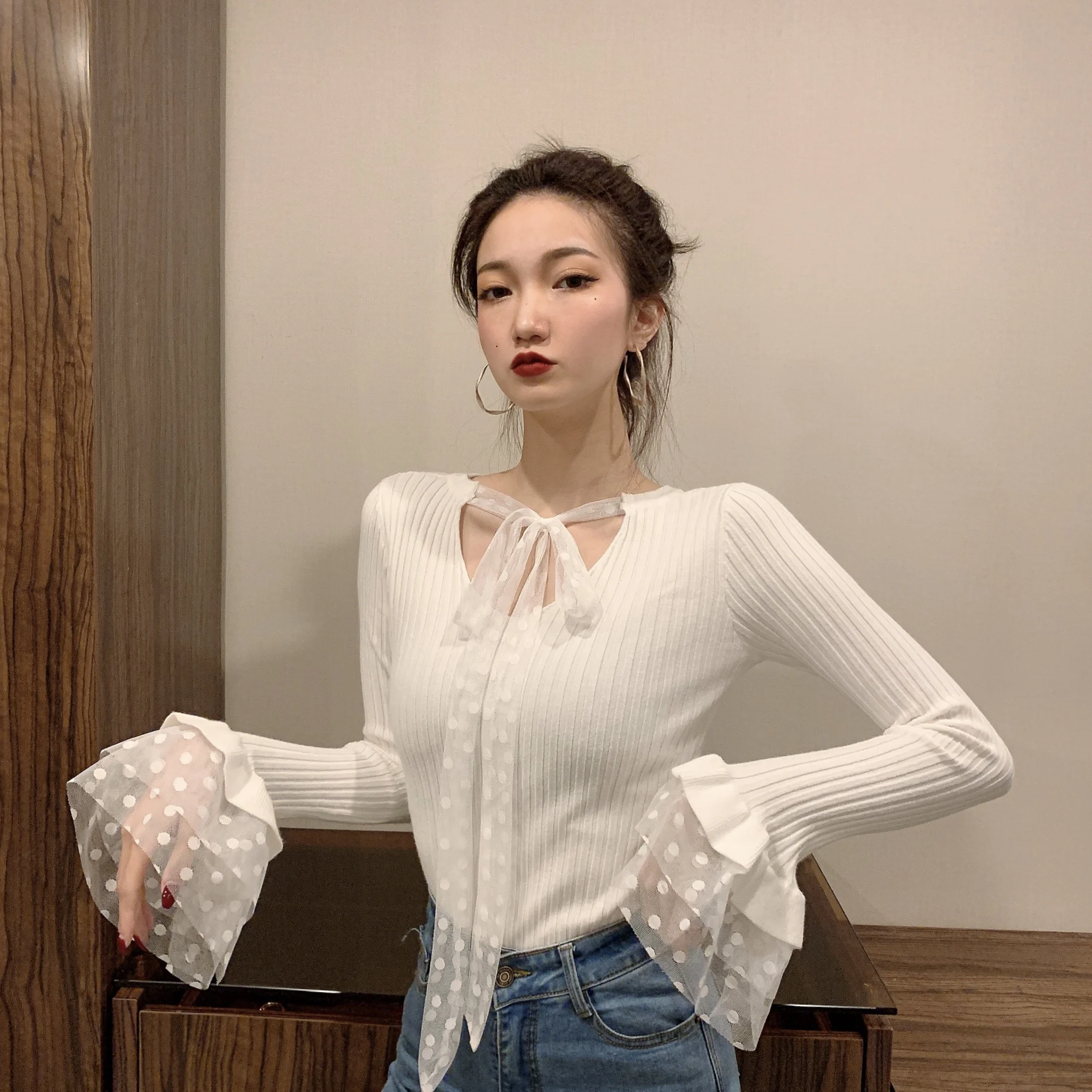 

Lace Up Polka Dot V-neck Knitted Tops Korean Style Ulzzang Fashion Brand Autumn Pullovers Mesh Flare Sleeve Slim Sweater Women