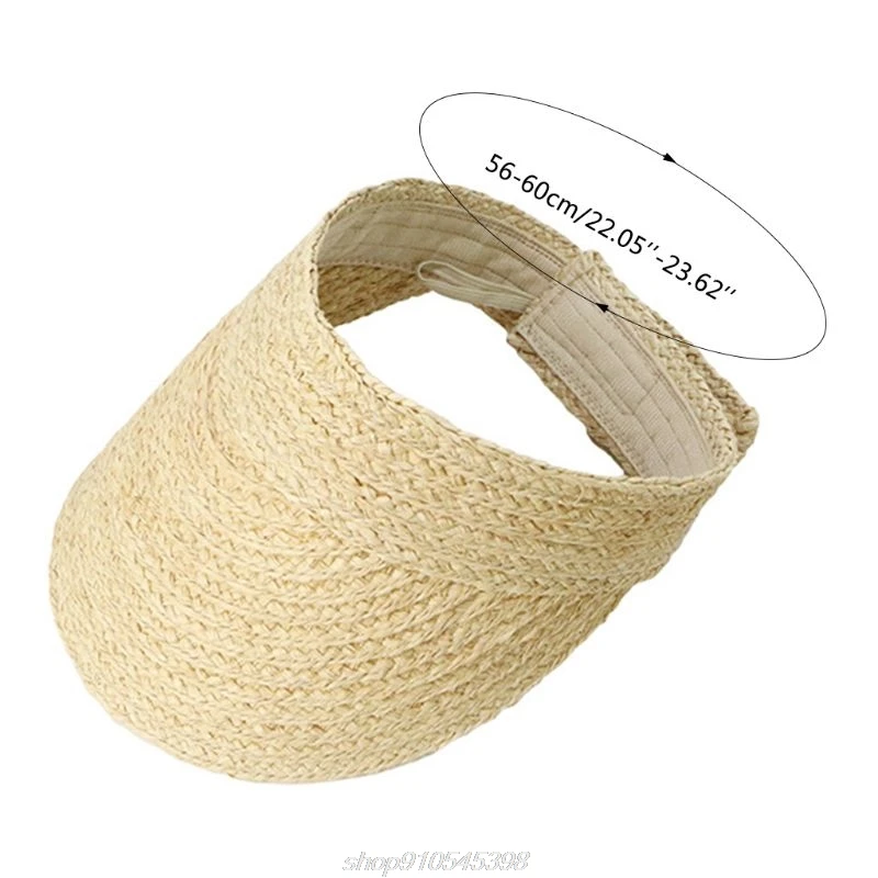 

R1WF Ladies Summer Handmade Woven Raffia Straw Sun Visor Hat Empty Top Wide Brim UV Protection Adjustable Foldable Peaked Beach