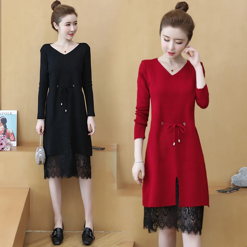 

Women Sweater Dress Autumn Winter Long Sleeve V Neck Lace Drawstring Slim Waist Slit Knitted Long Pullovers Christmas Dress