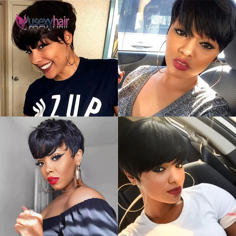 

Short Pixie Cut Human Hair Wig With Bangs Brazilian Straight Hair Short Full Machine Made Wig for Black Women