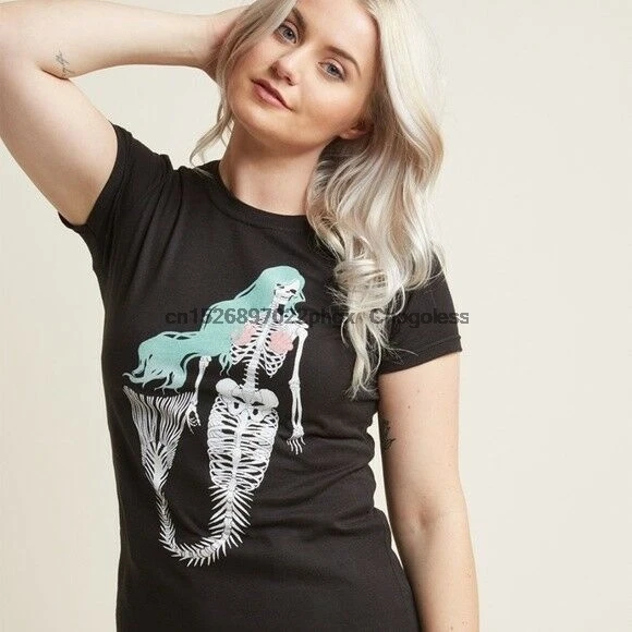 Женская футболка с рисунком черепа русалки и скелета для девочек |
