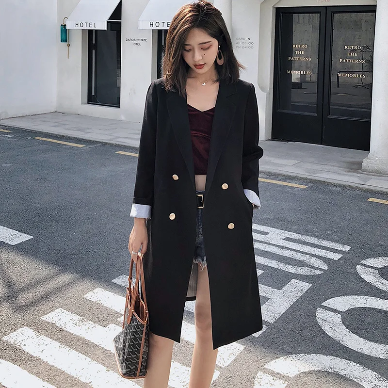 

Новинка Осень 2020 темпераментный длинный костюм в гонконгском стиле пиджак женский черный Повседневный тонкий маленький жакет в стиле ретр...