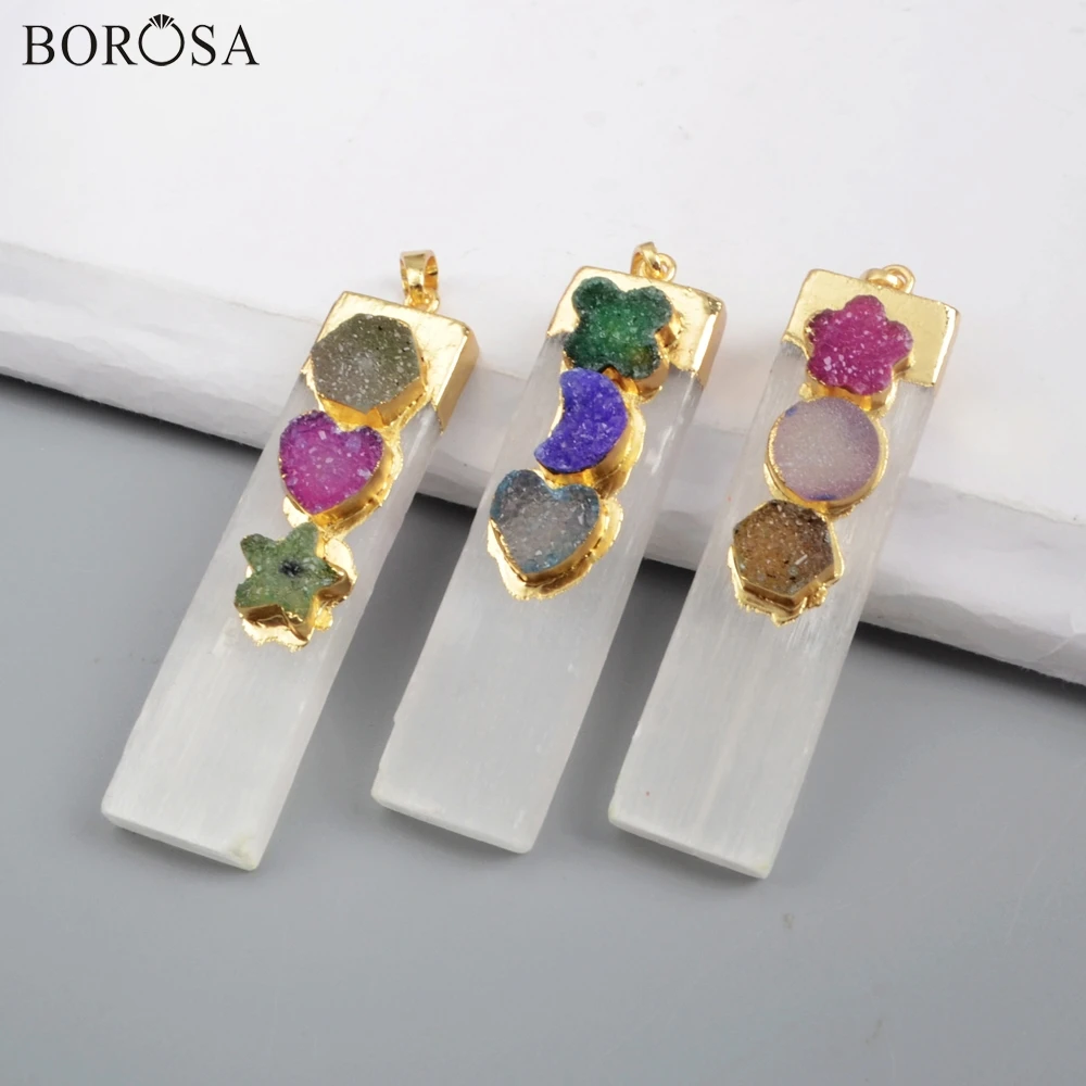 Женский кулон из натурального камня селенита с друзой звездой луной радугой