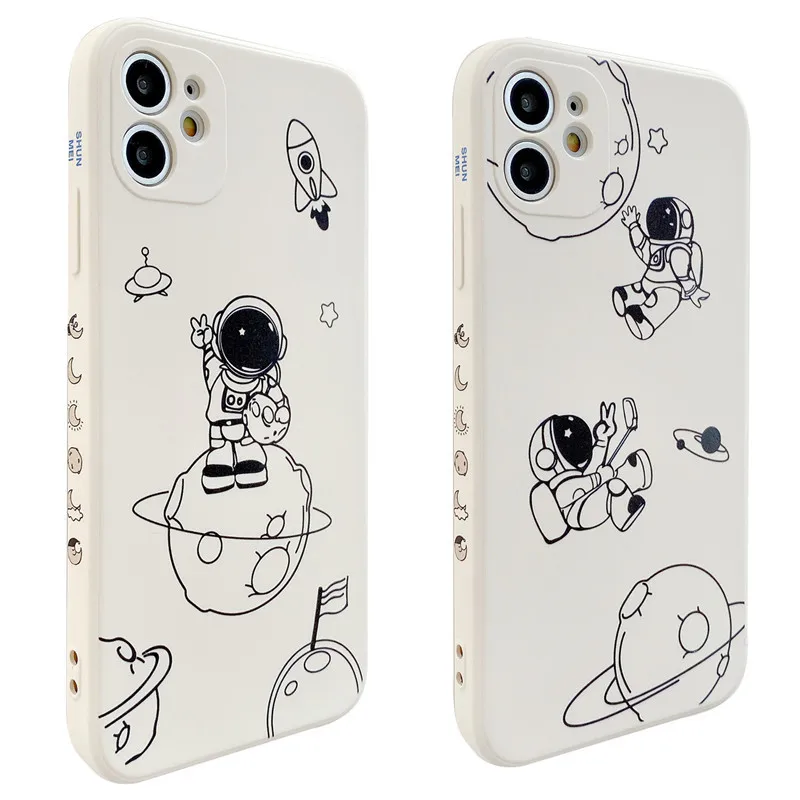 

Cute Simple Cartoon Space Astronaut Phone Case For iPhone 12 11 Pro Max Xr X Xs Max 7 8 Puls SE 2020 Cases Soft Silicone Cover