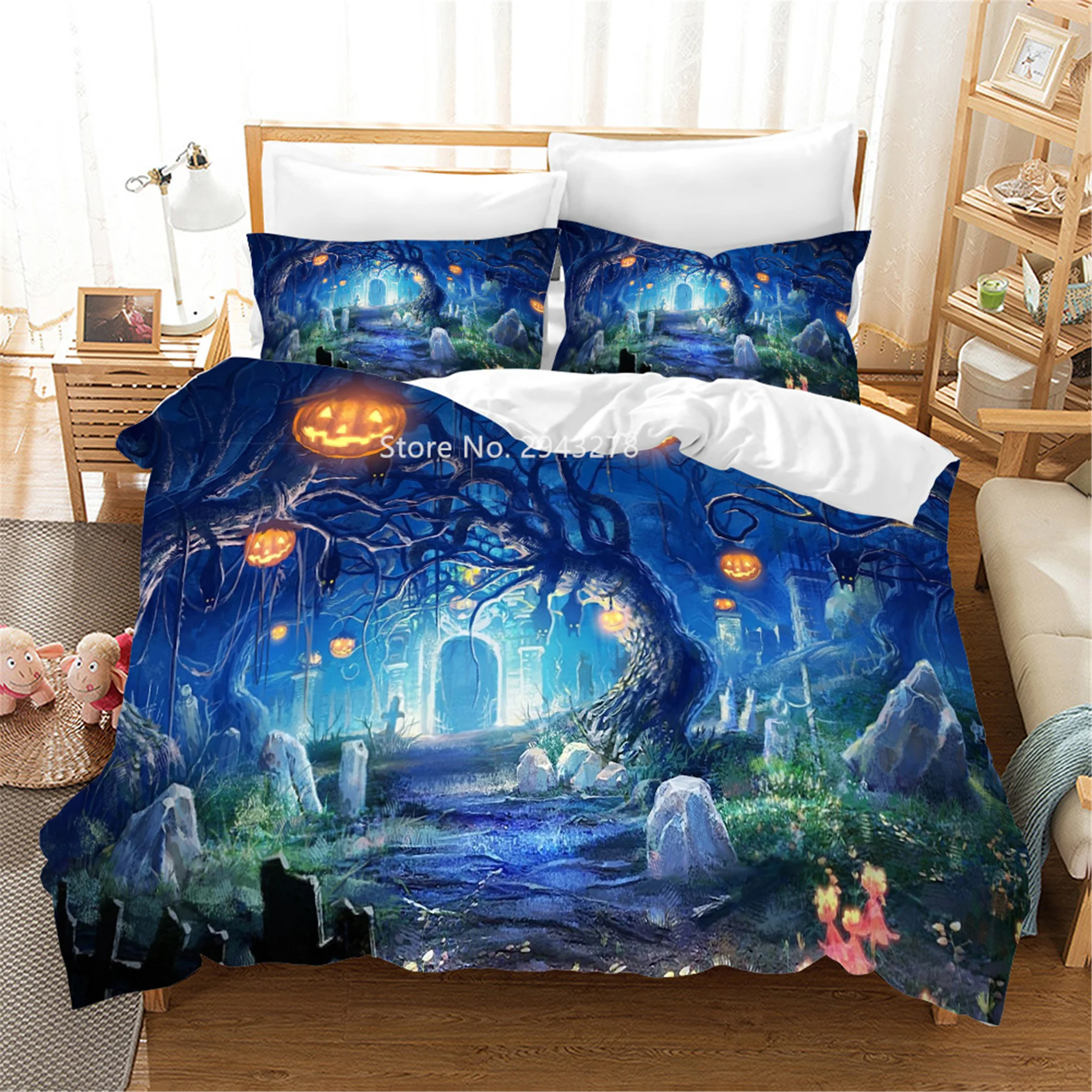 

Home Spun Halloween Jack-o-lantern Pattern Adult Children Bedroom Decoration Duvet Bed Cover Pillowcase Bedding Holiday Dress Up