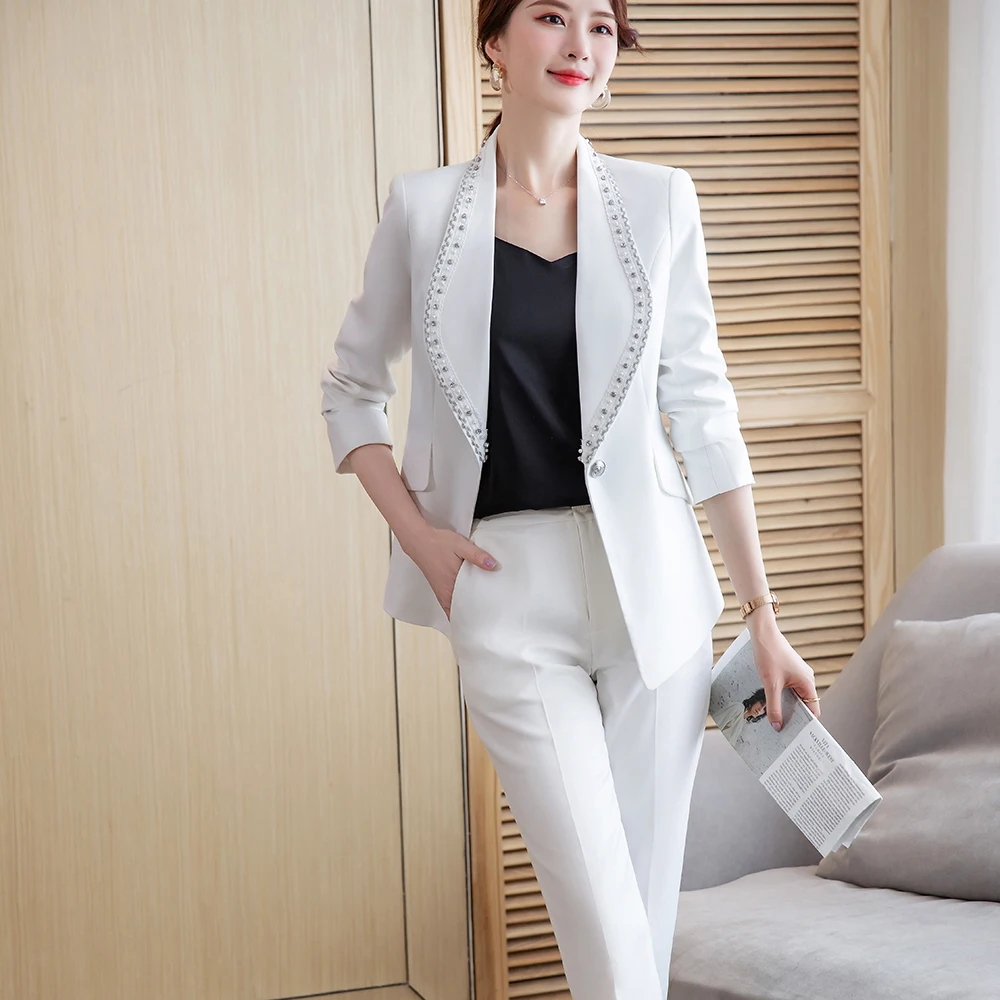 2021 Autumn Winter White Black Women's Pants Suit 2 Pieces Set Formal Elegant Ladies Blazer Jacket Business Work Trousers Suits
