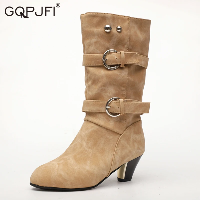 

Autumn Winter Ins Round Toe PU Middle Tube Knight Boots Nordic Style Belt Buckle Women Shoes Slip-On Rough Heel Martin Booties