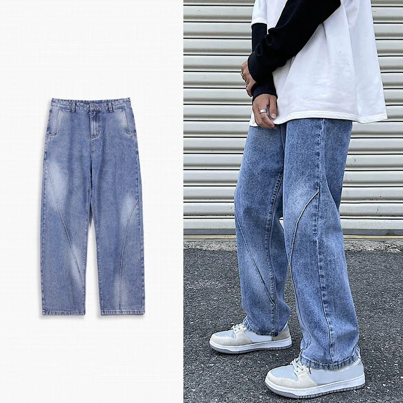

Blue Straight Leg Jeans Autumn Winter Men Korean Fashion Mid Waist Baggy Jeans Male Casual Denim Wide Leg Pants Vaqueros Hombre