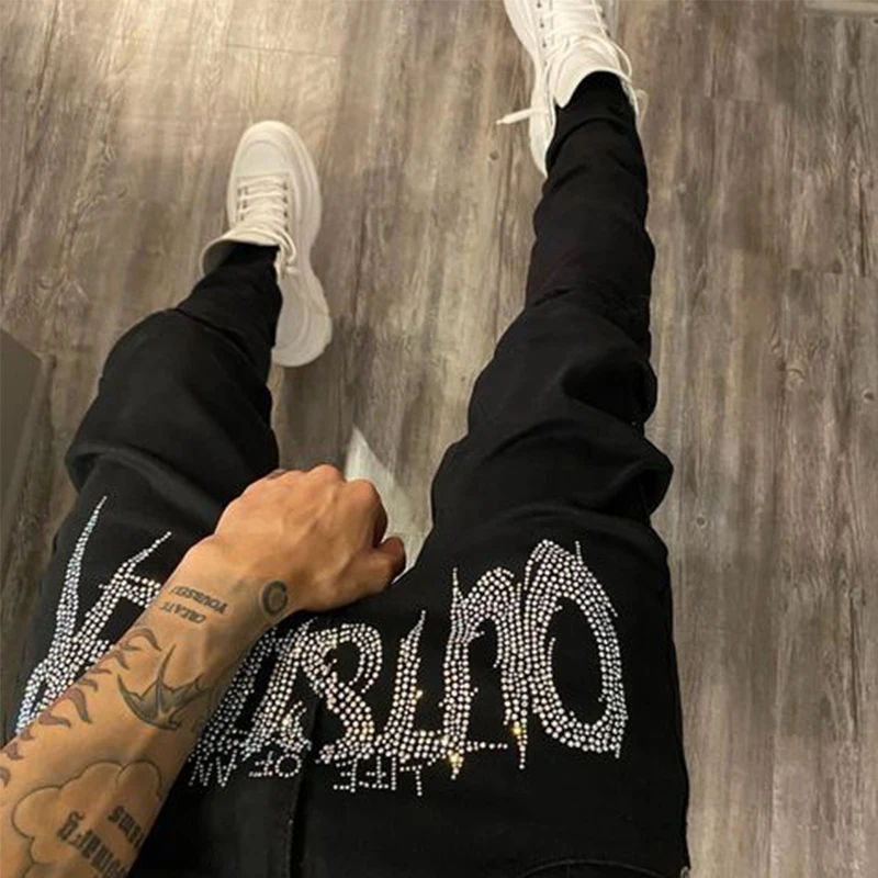 New 2021 Men's Black Pants Biker Jogging Street Elastic Skinny ripped Jeans Design Hot Drill Small Feet Washed denim trousers