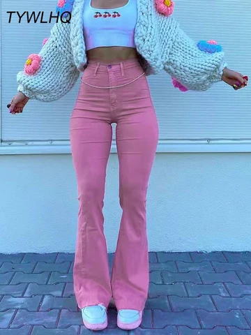 Streetwear Y2k Flared Jeans Women High Waist 90S Fashion Pink Stretch Baggy Mom Jeans Wide Leg Pants Elegant Denim Trousers 2021