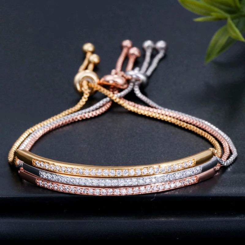 

Zircons Adjustable Bracelet Bangle for Women Captivate Bar Slider Brilliant CZ Rose Gold Color Jewelry Pulseira Feminia